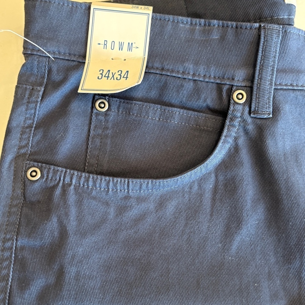 ROWM Denim Twill Flat Front Casual Chino Navy 5 Pocket Pants 34 - Picture 3 of 8